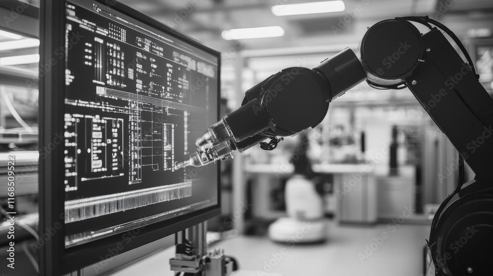 Poster robotic arm performing precision tasks in high-tech workshop engineering innovation modern workspace