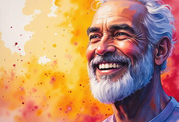 Radiant portrait of smiling elderly man with joyful expression against warm colorful backdrop