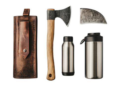  Axe and knife set for forest adventure on transparent background.