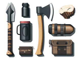  Axe and knife set for forest adventure on transparent background.