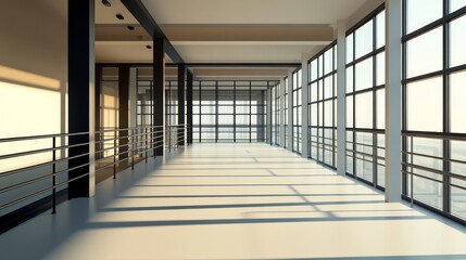 Obraz premium Sunlit modern office hallway with large windows and metal railings.