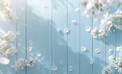 Fototapeta premium A light blue wooden spring summer background with white flowers in the corners