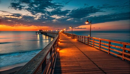 Fototapeta premium Serene Sunset on Wooden Pier with Calm Ocean and Reflections V6