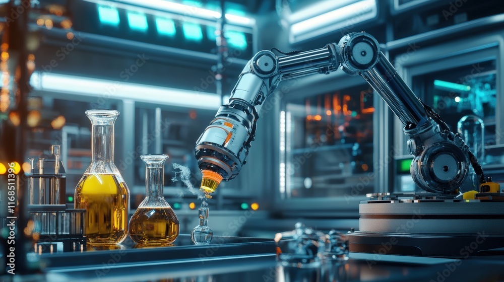 Poster automated laboratory experiment high-tech lab photography futuristic environment close-up viewpoint 