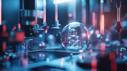 Dynamic scientific exploration of molecular structures in a futuristic laboratory environment with high-tech visuals