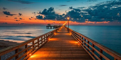 Fototapeta premium Serene Sunset on Wooden Pier with Calm Ocean and Reflections V8