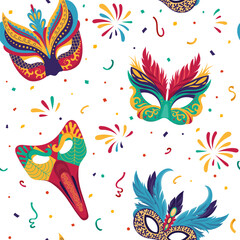 Vibrant vector seamless pattern featuring variety of ornate carnival masks Each masquerade mask is decorated with intricate design, feathers and beads capturing lively spirit of festive celebrations.
