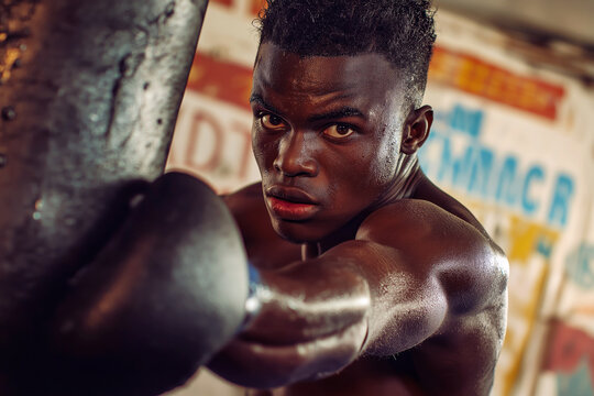 A young boxer training with a speed bag, his face focused, arms in motion, gym environment with motivational posters on the wall. - Powered by Adobe