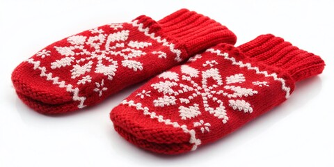 Cozy Red Knit Mittens with Snowflake Design - Winter Christmas Valentine's Day Stock Photo