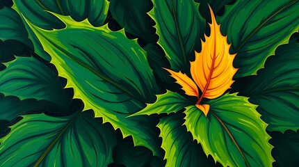 Painting of green leaves with yellow leaves highlighted on a black background