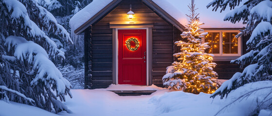 Wooden house with red door, glowing tree beside, surrounded by snow and festive lights-1