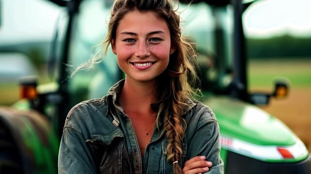 Portrait of a beautiful young female farmer standing with her arms crossed in front of a tractor on a farm