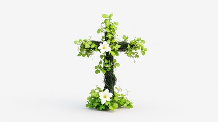 Fototapeta premium A floral cross adorned with greenery and white flowers.