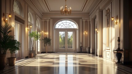 Sunlit grand hall with marble floor, arched doors, and classical decor.