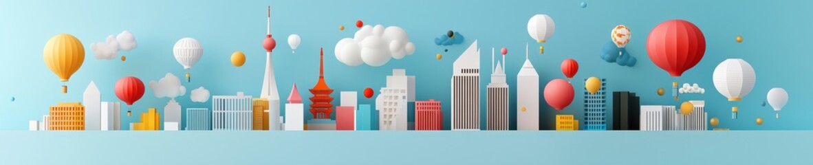 Fototapeta premium Colorful Cityscape with Hot Air Balloons and Clouds