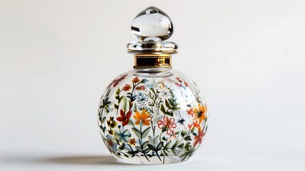 elegant glass perfume bottle with floral design on white background