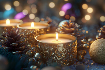 Festive scene with candles in golden holders surrounded by pinecones and Christmas ornaments.