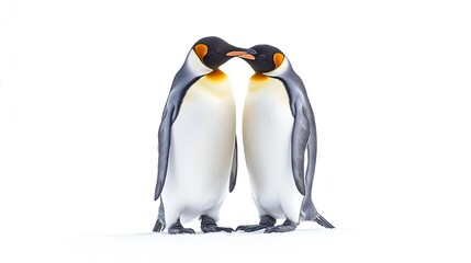 Fototapeta premium Two emperor penguins standing closely together, showcasing affection in a snowy environment.
