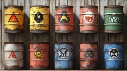 Fototapeta premium A set of warning hazard symbols displayed on industrial barrels, including toxic and explosive labels