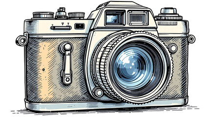 Hand-drawn vintage camera illustration with intricate details and retro design.