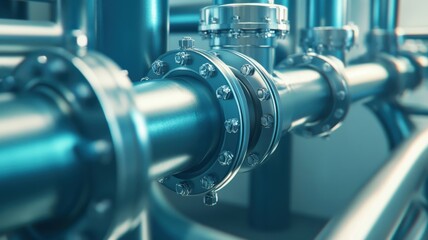 Fototapeta premium A close-up view of industrial pipes and fittings, showcasing metallic surfaces and circular flanges in a modern facility.