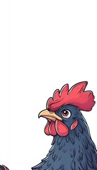 A cartoon-style illustration of a rooster with a vibrant red comb and expressive eyes.