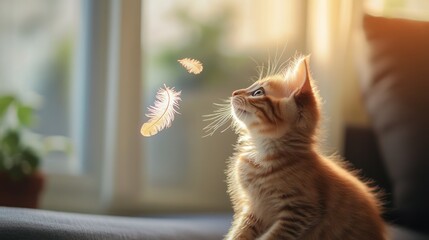 Kitten playing with feather in sunlight.