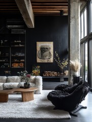 Modern living room interior design with dark walls and unique furniture