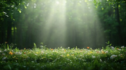 Fototapeta premium Serene Sunlit Forest with Vibrant Flowers and Butterflies