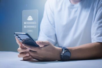 Login screen, Cybersecurity and privacy concepts to protect data. Lock icon and internet network security technology. Businessmen protecting personal data on laptops and virtual interfaces.