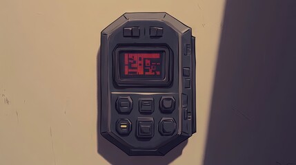 A digital device with a red display and various buttons, likely for control or monitoring.