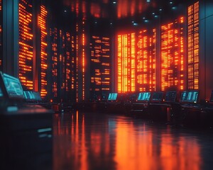 Glowing server room with data streams.