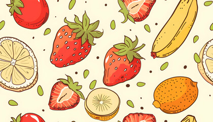 Vibrant Fruit Illustration: Strawberry, Banana, Lemon Seamless Pattern
