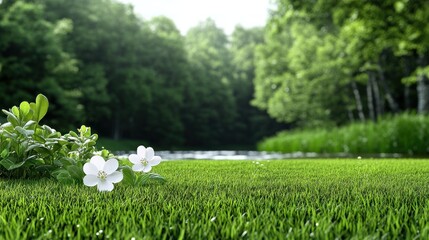 A serene landscape featuring flowers by a tranquil water body.