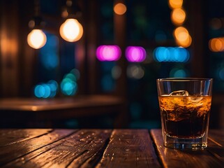 Close-up of a wooden table with blurred bokeh background and neon lights in a dark interior creating a night view ambiance  
