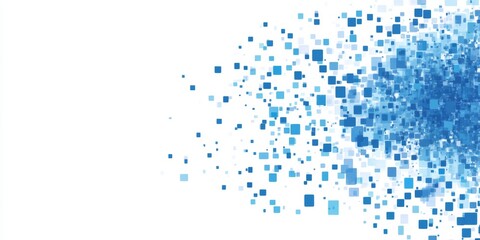 Abstract blue square pixel explosion on white background.
