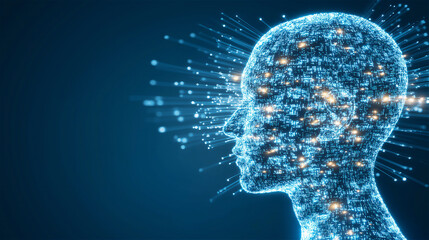 A futuristic human head made of interconnected neural nodes, representing artificial intelligence, machine learning, and advanced technology against a dark blue background.