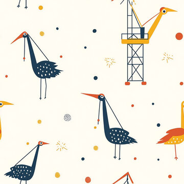 Seamless pattern with cranes birds and construction equipment for kid's room.