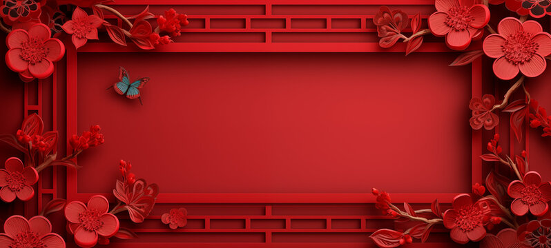 Chinese New Year with plum blossom flower branch of leaf illustration cover, poster and sale banner. Floral pattern with frame border in Asian traditional style. Red lunar new year background.  