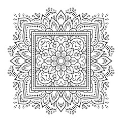 Decorative pattern of flowers and paisley for printing on fabric. Ornament for a bandana, a silk neckerchief, a tablecloth or a kerchief. Square sketch in tribal or oriental style.