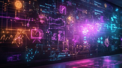Fototapeta premium A vibrant display of complex math equations and symbols, drawn in glowing neon on a blackboard