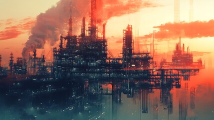 Fototapeta premium city, night, industry, oil, building, factory, plant, business, urban, industrial, light, sunset, refinery, skyline, sky, architecture, power, abstract, pollution, cityscape, water, river, landscape, 