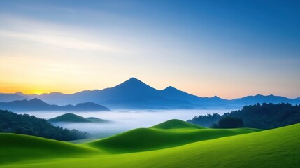 Serene landscape with rolling hills and misty mountains at sunrise.