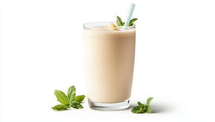 Creamy pineapple smoothie in a tall glass with mint garnish and straw.