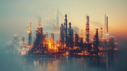Obraz premium city, night, industry, oil, building, factory, plant, business, urban, industrial, light, sunset, refinery, skyline, sky, architecture, power, abstract, pollution, cityscape, water, river, landscape, 