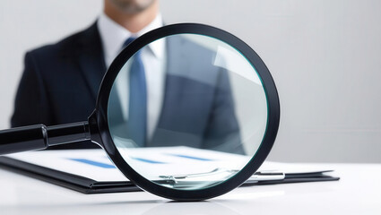 Fototapeta premium Magnifier glass and employment searching concept. A businessman studies a document through a magnifying glass, emphasizing attention to detail and analysis in a professional setting.