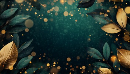 Elegant gold and teal leaves on bokeh background.