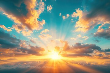 Fototapeta premium Golden Sunset Sky with Rays of Light