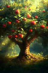 Enchanting Orchard: An Apple Tree With Charming Apples in a Verdant Landscape