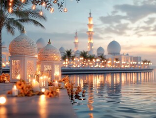 Naklejka premium Serene Mosque Sunset Ramadan Candles Lanterns Peace